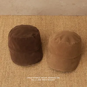 Classic suede flat top cadet cap detail, retro brown military hat for women autumn winter.