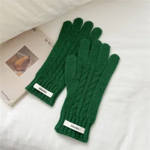 Women winter warm knit gloves green cable knit touch screen gloves cute student woolen mittens