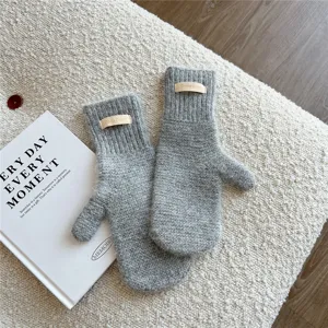 Winter thick knit mittens for women, cozy warm wool fingerless riding gloves detail view