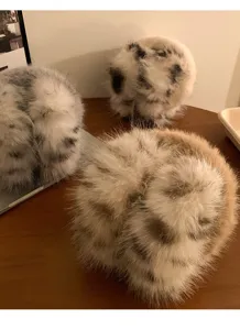Fluffy leopard print earmuffs detail view, cozy winter warm plush ear warmer close-up