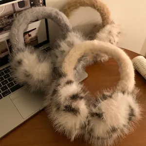 Winter Warm Plush Earmuffs Soft Fluffy Ear Warmers Cute Leopard Print Fleece Earmuffs For Women Outdoor Cold Weather