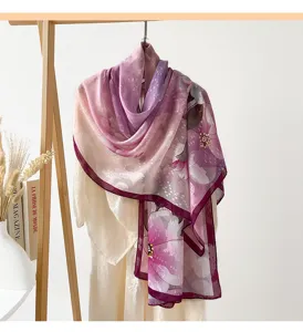 Close-up detail view of the elegant gradient purple and pink floral print lightweight silk scarf.