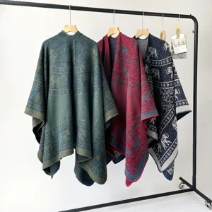 Dicker ethnischer Elefantenmuster Strickschal warmer Winter Cape lässiger Poncho Überzieher