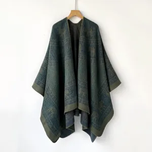 Dicker ethnischer Elefantenmuster Poncho Schal, vintage gemusterter warmer Winter Kapen Umhang.