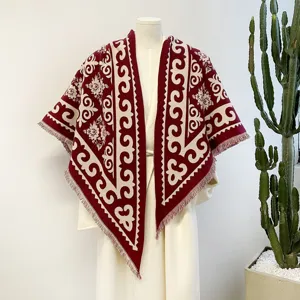 Jacquard pattern warm shawl cloak, elegant red and white winter cape for women fashion