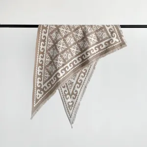 Detailed view of women's warm jacquard imitation cashmere shawl with elegant fringe design.