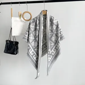 Grey jacquard knit shawl scarf detailed look, soft cozy winter wrap for women warm fashion.