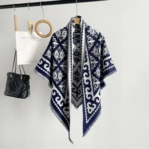 Elegant blue and white jacquard winter warm shawl scarf with delicate fringe hem.