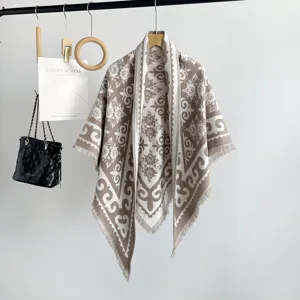 Jacquard cashmere-feel shawl for women, warm winter knitted cape, elegant tassel wrap.