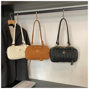 Women's solid color pleated shoulder bag casual underarm pillow bag stylish handbag