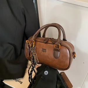 Retro Casual PU Leather Boston Bag Women Fashion Shoulder Crossbody Bag Vintage Small Square Bowling Handbag With Pendant
