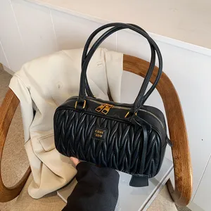 Retro PU Leather Pleated Pillow Bag For Women Casual Solid Color Large Capacity Shoulder Underarm Bag Fashion Handbag