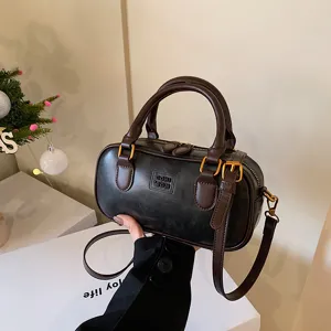 Vintage brown leather boston bag women top handle shoulder crossbody bag retro chic handbag