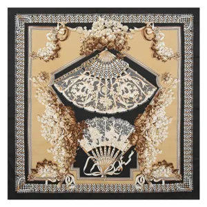 Women Fashion Vintage Fan Pattern Printed Scarf Large Square Shawl Elegant Twill Plush Neck Scarf Head Wrap