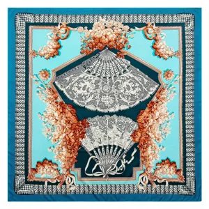 Exquisite 130cm silk-feel square scarf featuring elegant vintage fan and floral print design.