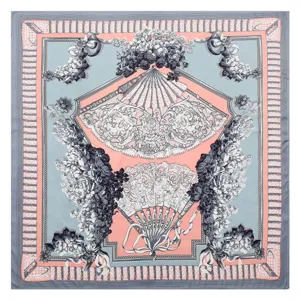 Fashion women twill square scarf 130cm large shawl with elegant fan and floral print design.