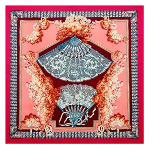 Luxurious silk square scarf featuring elegant folding fan and floral patterns in pink.