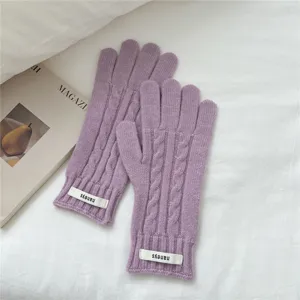 Close-up of women winter warm purple cable knit gloves with sweet cuff label detail.
