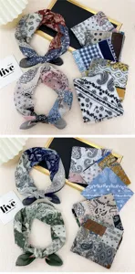 Detail view of fashionable paisley printed cotton linen square scarf set in multiple colors.