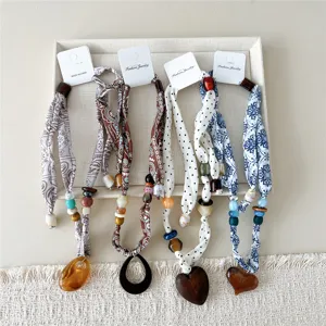 Dames Smalle Lange Zijden Sjaal Ketting Vier-Seizoenen Decoratieve Halsdoek Bloemenprint Kralen Hanger Sjaal Modeaccessoire