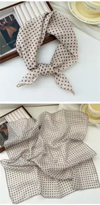 Cotton linen polka dot small square scarf, breathable lightweight summer neckerchief detail.