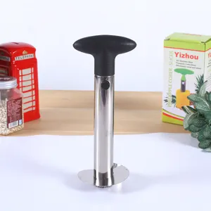 Vista dettagliata del levatorsoli per ananas in acciaio inox, utensile cucina manico nero.