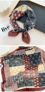 Retro patchwork square scarf for women, elegant floral bandana and chic neck accessory.