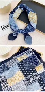 Blue floral patchwork square scarf, cotton linen print headscarf and chic neckerchief accessory.