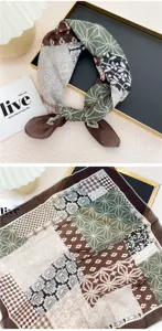 Cotton linen patchwork small square scarf retro geometric floral print neckerchief.