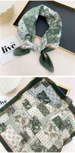 Green paisley print square scarf, 58cm cotton linen neckerchief for women spring and summer.
