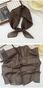 Brown polka dot cotton linen small square scarf, breathable vintage neckerchief for women.