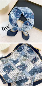 Blue paisley print small square scarf cotton linen retro neckerchief headband hair accessory detail