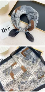 Detailed view of the 58cm paisley patchwork square scarf, elegant headband and neckerchief.