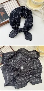 Detail view of cotton linen square scarf with vintage paisley floral print pattern.