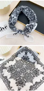 Black and white paisley small square scarf detail, elegant floral pattern neckerchief.