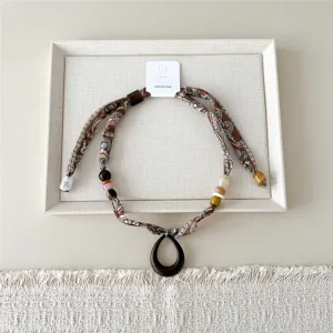 Bruine paisley zijden sjaal ketting met kralen en hanger, stijlvolle dames decoratieve halsdoek