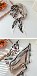 Classic beige striped check diamond silk scarf, elegant hair ribbon and chic neck scarf design.