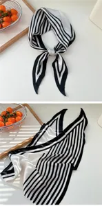 Black and white striped silk scarf detail, elegant fashion accessory for women spring summer.