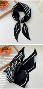 Black and white striped chic silk scarf for women, trendy hair band and neck accessory.