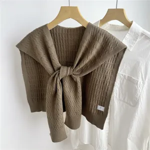 Brown knitted small shawl paired with white shirt detail, versatile fake collar sweater cape.