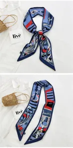 Élégant long foulard en soie avec imprimé équestre classique pour cheveux ou sacs.