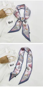 Foulard twilly en soie chic avec imprimé grue rose et lotus, idéal pour cheveux, sac ou cou.