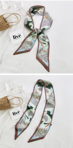 Élégant long foulard en soie avec motif de lotus et de grue, idéal pour cheveux et sacs.