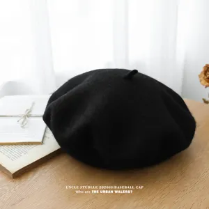 Clásica boina de lana negra para mujer, elegante sombrero de pintor retro para otoño e invierno.