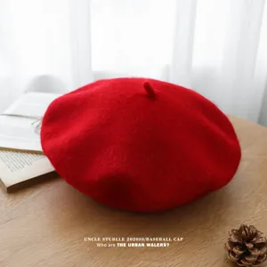 Boina de lana roja para mujer, sombrero de pintor retro otoño invierno, estilo diario casual.