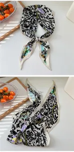 Baroque print silk scarf fashion neckerchief retro black and white chic hair accessory