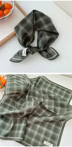Green plaid cotton square scarf, vintage spring and summer decorative neckerchief for women.