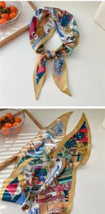 Artistic print silk scarf, vibrant colorful design with yellow border for women fashion.