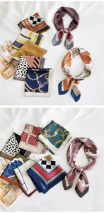 Vista detallada de pañuelos cuadrados de seda de moda de primavera y verano con estampados.