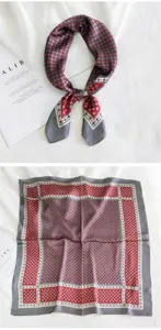 Pequeño pañuelo cuadrado de seda para mujer, patrón geométrico, bufanda roja gris de primavera.